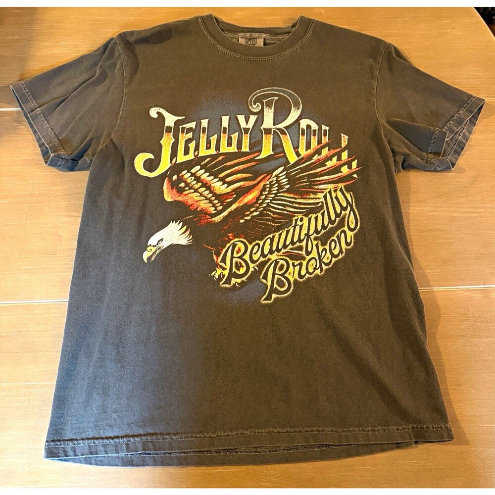 Jelly Roll Comfort Colors Beautifully Broken Eagle Graphic T Shirt Mens M Gray